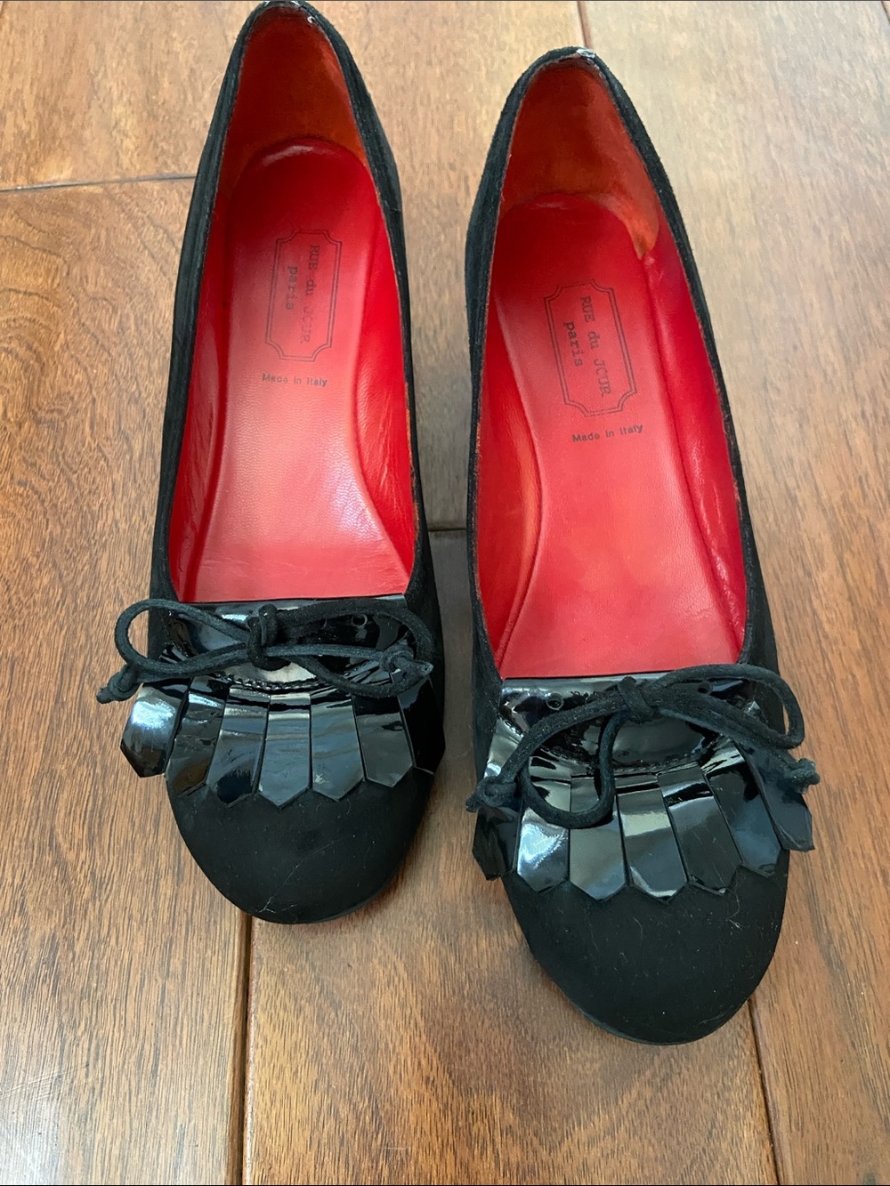 Black Suede Women's Kiltie Loafers with Red Leather Insole